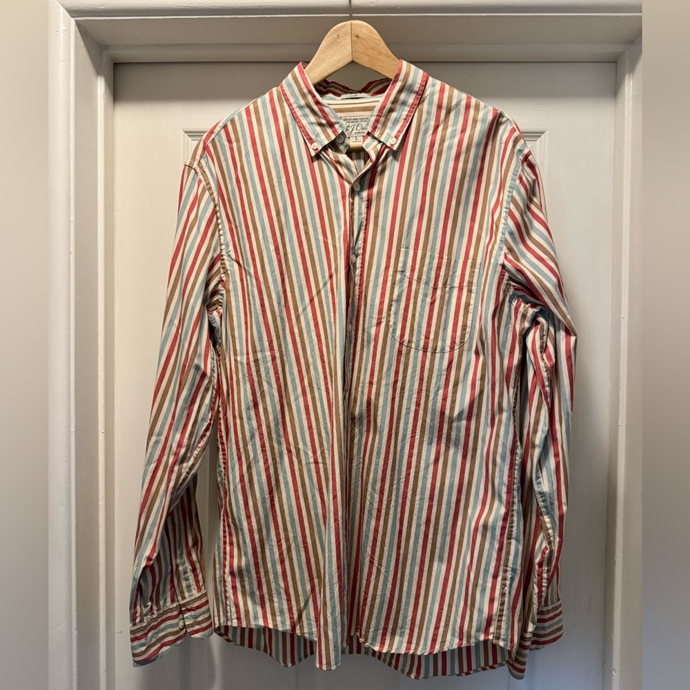 J. Crew Mens Organic Cotton Slim Shirt Large Slim Poplin Orange Brown Cream Bue